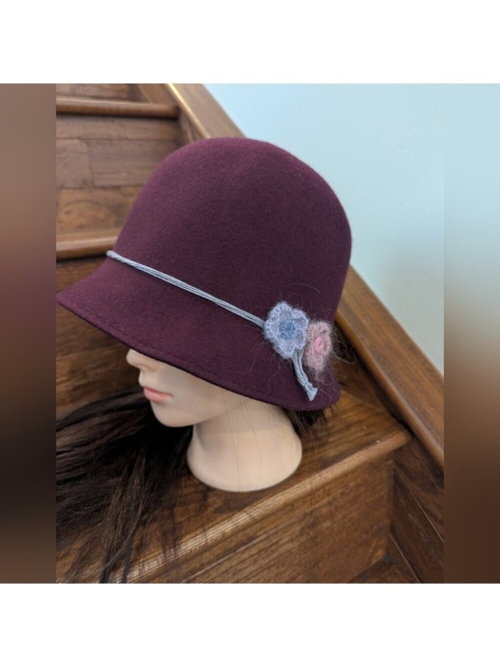 Vintage Hat Tristan Wool Felt Burgundy Cloche Hat with Floral Cashmere Accents
